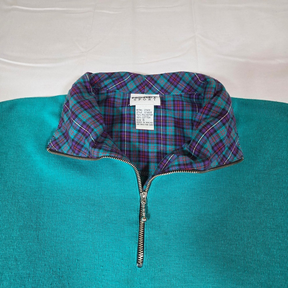 Vintage 90s Koret Sport Teal Ribbed Quarter Zip Sweatshirt Plaid Patches Small - Picture 4 of 8